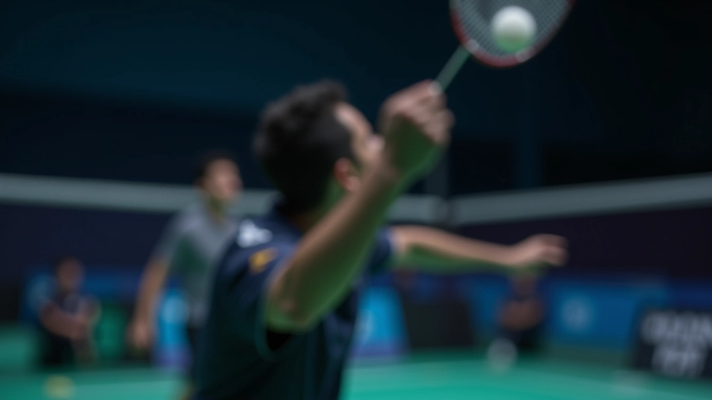 لاعب ريشة طائرة في موضع الهجوم، يركز على ضربة شبكة عالية الدقة